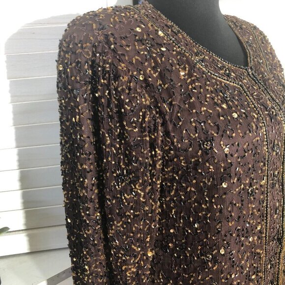 Vintage 90s 100% Silk Gold Beaded Sequin Brown Blazer Blouse Size Small - Picture 7 of 12